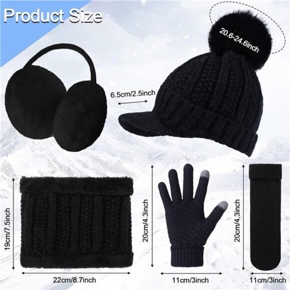 5 Pieces Women Winter Warm Set Knit Beanie Hat Scarf Touchscreen Gloves - Picture 2 of 7
